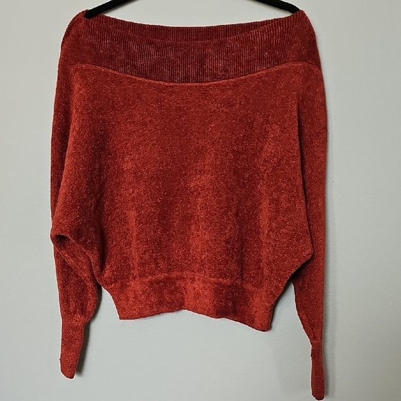 Free People Cozy Chic Red Off-the-Shoulder Boatneck Sweater Chenille feel Small - Picture 1 of 8